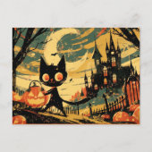 Black Cat with Pumpkin Bucket by the Castle Feestdagenkaart (Voorkant)