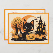Black Cat with Pumpkin Candy Bucket Briefkaart (Voorkant / Achterkant)