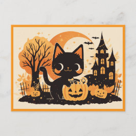 Black Cat with Pumpkin Candy Bucket Feestdagenkaart