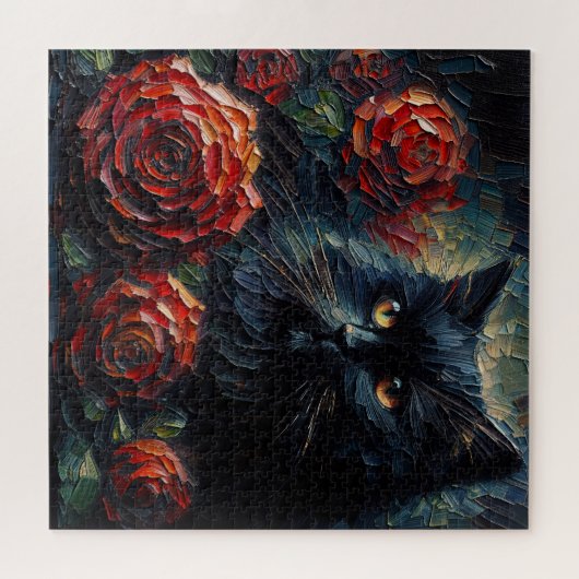 Black Cat With Red Roses Gothic Puzzle Legpuzzel (Horizontaal)