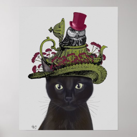 Black Cat with Teapot and Owl Poster (Voorkant)