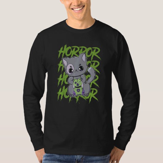 Black Cat With Teddy Bear For Horror Fans   T-shirt (Voorkant)