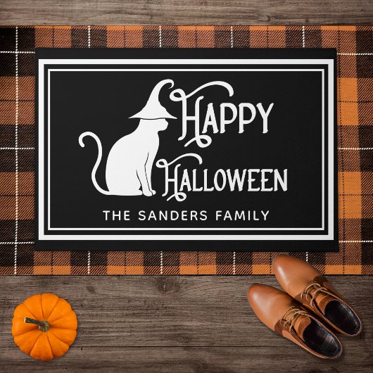 Black Cat with Witch Hat & "Happy Halloween" Deurmat