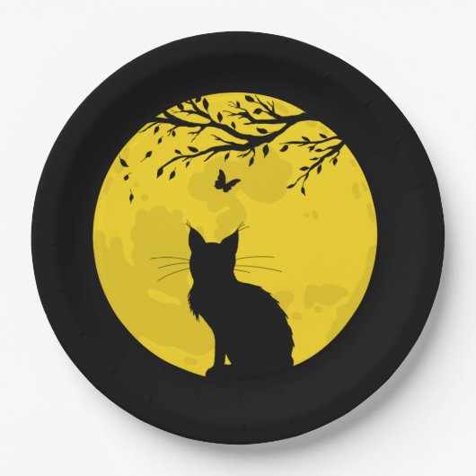 Black Cat Yellow Moon Papieren Bordje (Voorkant)