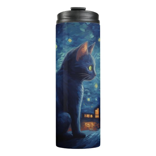 Black Cat zittend op gebouw Thermosbeker (Voorkant)