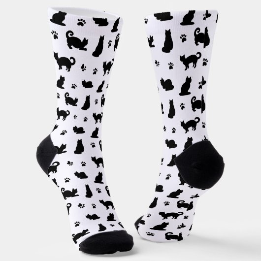 Black Cats and Paw Prints Pattern Sokken (Gebogen)