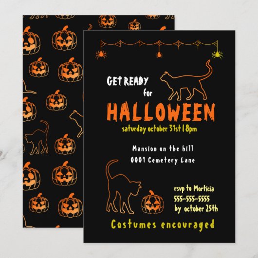 Black Cats and Pumpkins Halloween Feestuitnodiging Kaart (Voorkant / Achterkant)