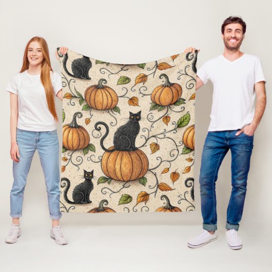 Black Cats and Pumpkins Halloween Pattern Fleece Deken (In situ)