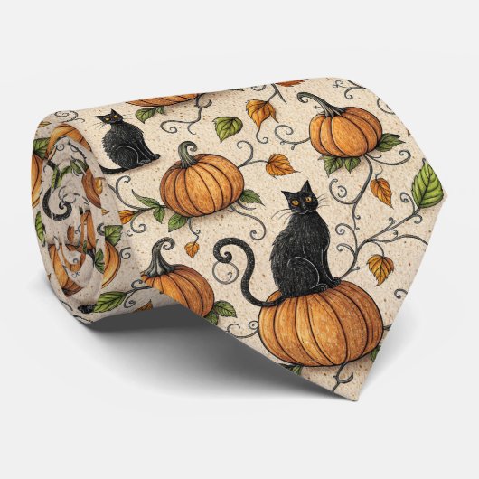 Black Cats and Pumpkins Halloween Pattern Stropdas (Opgerold)