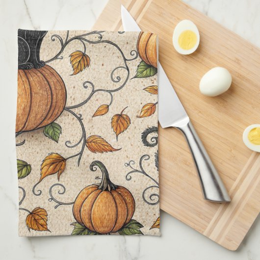 Black Cats and Pumpkins Halloween Pattern Theedoek (Quarter Fold)