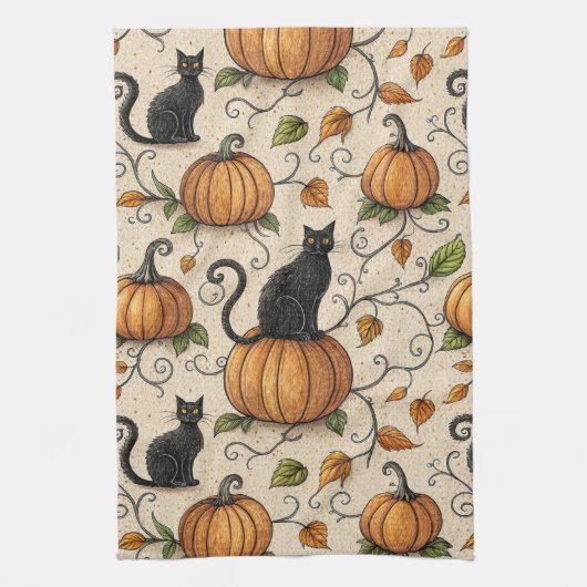 Black Cats and Pumpkins Halloween Pattern Theedoek (Verticaal)