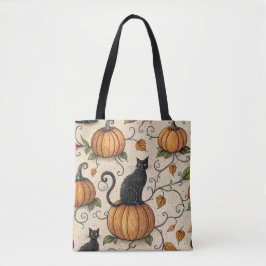 Black Cats and Pumpkins Halloween Pattern Tote Bag