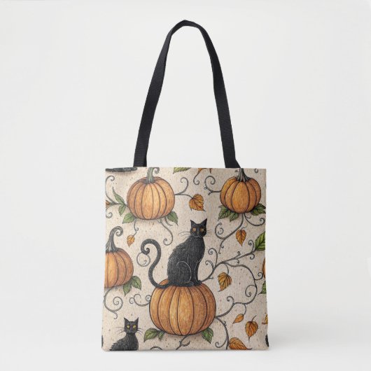 Black Cats and Pumpkins Halloween Pattern Tote Bag (Voorkant)