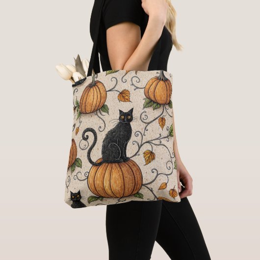 Black Cats and Pumpkins Halloween Pattern Tote Bag (Dichtbij)