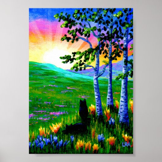 Black Cats Birch Trees Sunset Creationarts Poster (Voorkant)