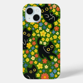 Black Cats | Cute Black Cats Floral Meadow Pattern iPhone 15 Case