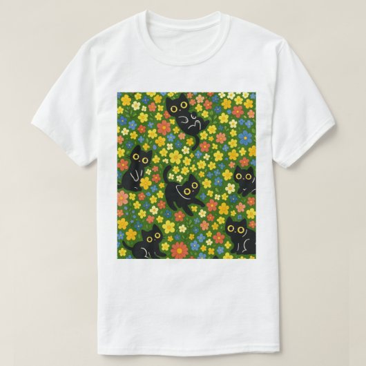 Black Cats | Cute Black Cats Floral Meadow Pattern T-shirt (Design voorkant)