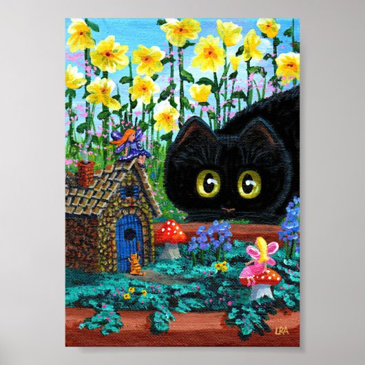 Black Cats Fairy Garden Flowers Creationarts Poster (Voorkant)