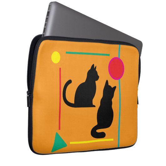 Black Cats & Geo Pattern Orange Electronics Bag Laptop Sleeve (Voorkant Rechts)