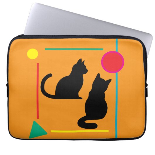 Black Cats & Geo Pattern Orange Electronics Bag Laptop Sleeve (Voorkant)