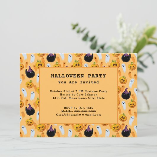 Black Cats Ghost Jack o' Lantern Halloween Party Kaart (Staand voorkant)