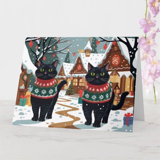 Black Cats Kerstmis Sneeuw Vakantie Kaart (Orchidee)