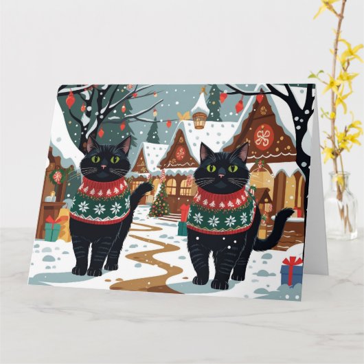 Black Cats Kerstmis Sneeuw Vakantie Kaart (Gele Bloem)