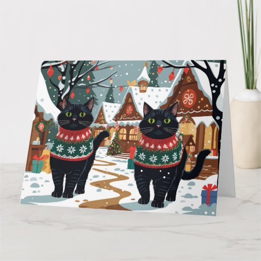 Black Cats Kerstmis Sneeuw Vakantie Kaart (Voorkant)