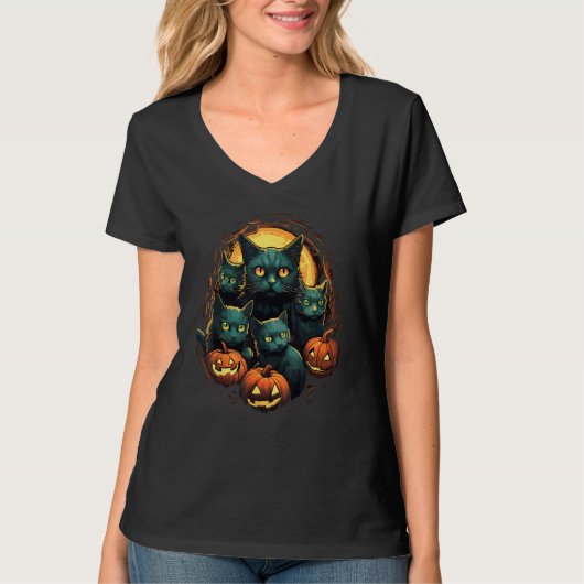 Black Cats Moon Pumpkin Halloween Horror 2 T-shirt (Voorkant)