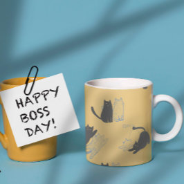 Black Cats on Mustard with Blue Outlines– Modern  Koffiemok