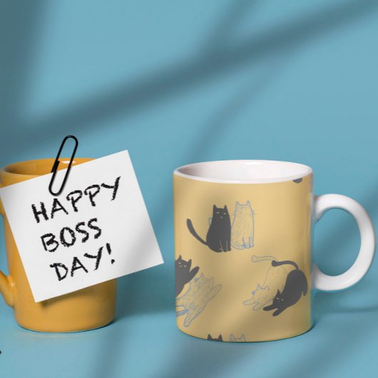 Black Cats on Mustard with Blue Outlines– Modern  Koffiemok