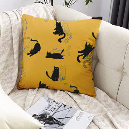 Black Cats on Mustard with Blue Outlines– Modern  Kussen