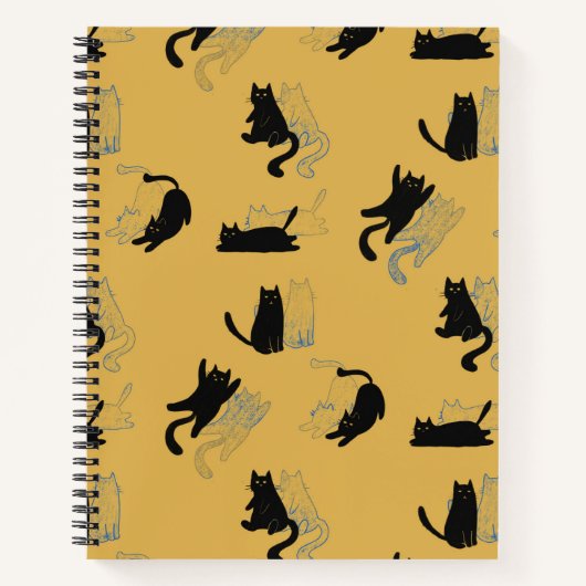 Black Cats on Mustard with Blue Outlines– Modern  Notitieboek (Voorkant)