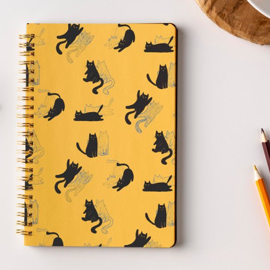 Black Cats on Mustard with Blue Outlines– Modern  Notitieboek