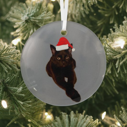 Black Cat's Photo Cutout met Santa Hat Grijs Glas Ornament (Insitu)