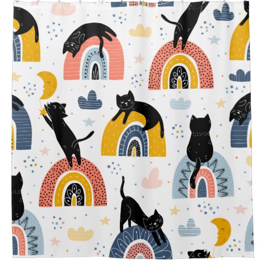 Black Cats Rainbows Fantasy Patroon Douchegordijn (Voorkant)