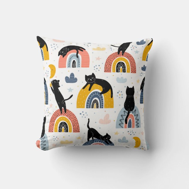 Black Cats Rainbows Fantasy Patroon Kussen (Voorkant)