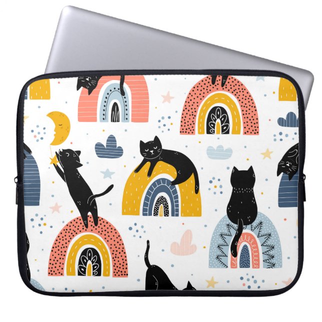 Black Cats Rainbows Fantasy Patroon Laptop Sleeve (Voorkant)