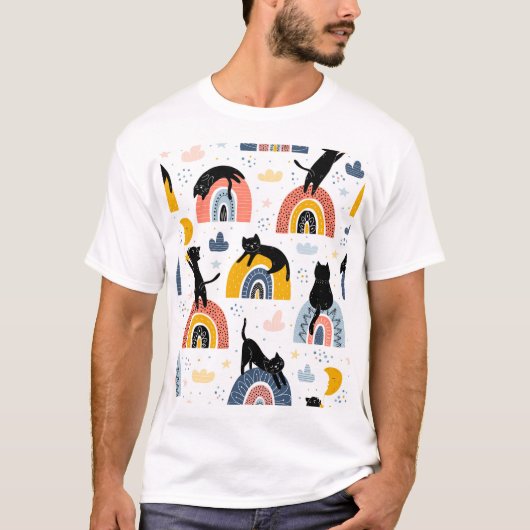 Black Cats Rainbows Fantasy Patroon T-shirt (Voorkant)
