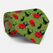 Black Cats Red Roses Pattern Dark Valentine Stropdas (Opgerold)