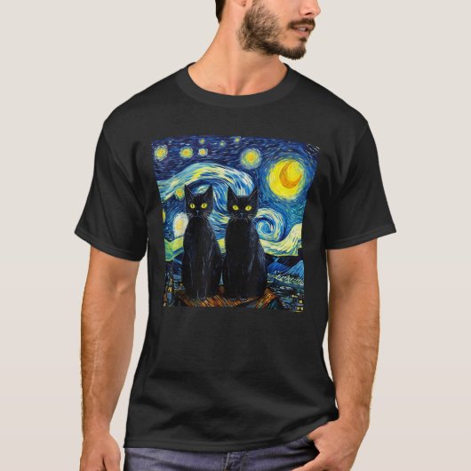 Black Cats Sterrennacht Vincent van Gogh T-shirt (Voorkant)