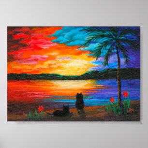 Black Cats Tropical Paradise Sunset Creationarts Poster