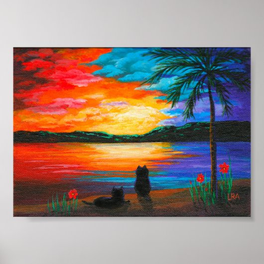 Black Cats Tropical Paradise Sunset Creationarts Poster (Voorkant)