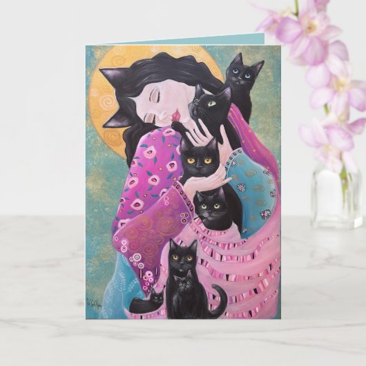 Black Cats Whimsical Art Kaart (Orchidee)