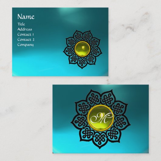 BLACK CELTIC FLOWER GEEL GEM MONOGRAM Aqua Blue Visitekaartje (Voorkant / Achterkant)