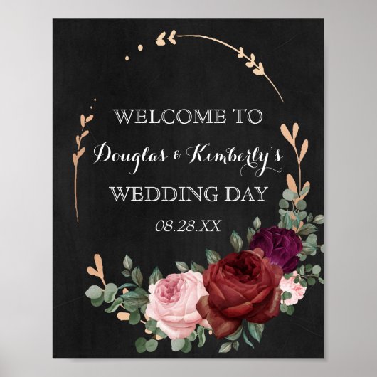 Black Chalkboard Burgundy Gold Roos Boho Wedding Poster (Voorkant)