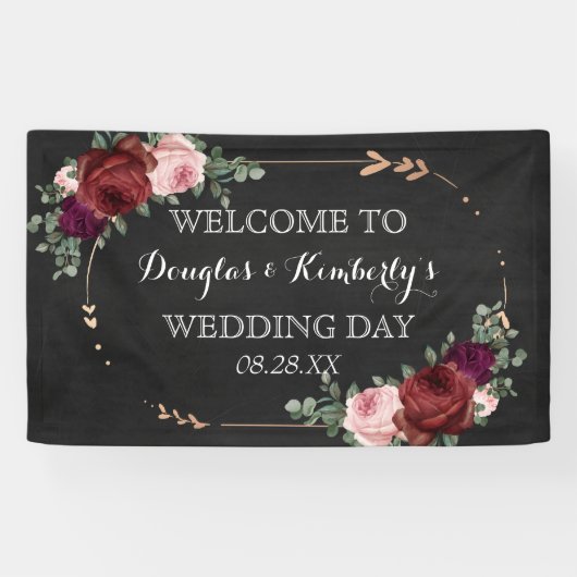 Black Chalkboard Burgundy Gold Roos Boho Wedding Spandoek (Horizontaal)