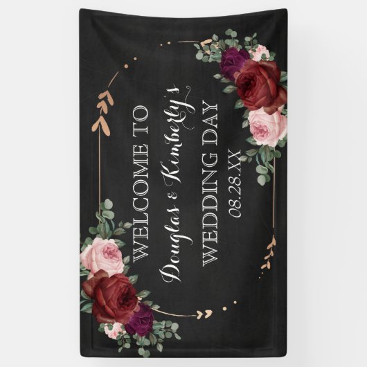 Black Chalkboard Burgundy Gold Roos Boho Wedding Spandoek (Verticaal)