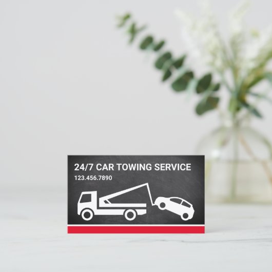 Black Chalkboard Car Towing Service Tow Truck Visitekaartje (Staand voorkant)