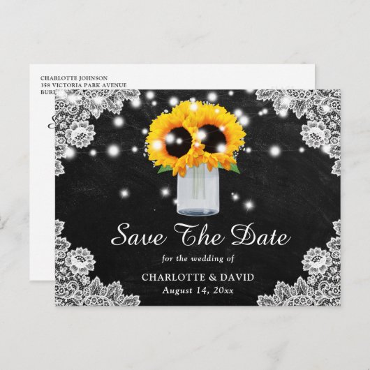 Black Chalkboard Lace Sunflower Save the Date Aankondigingskaart (Voorkant / Achterkant)